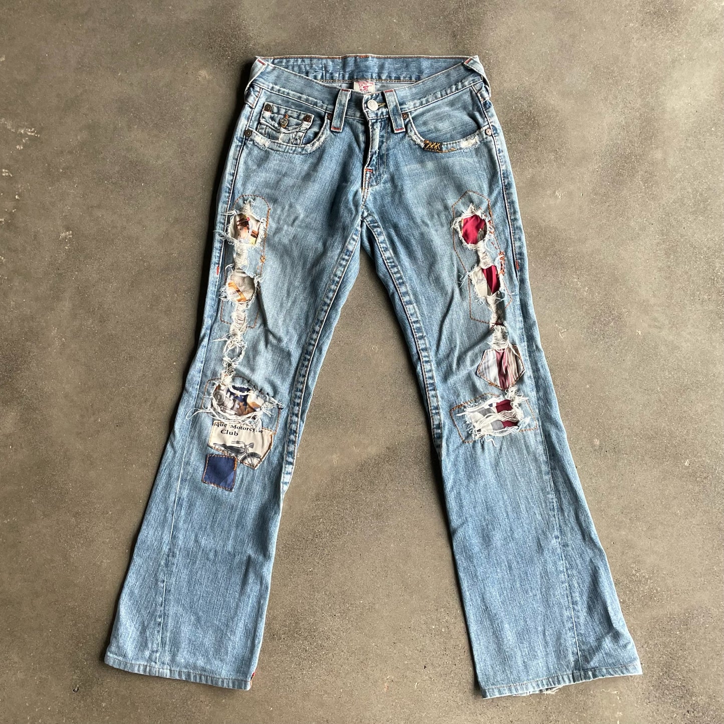 True Religion Distressed Patchwork Bootcut Denim