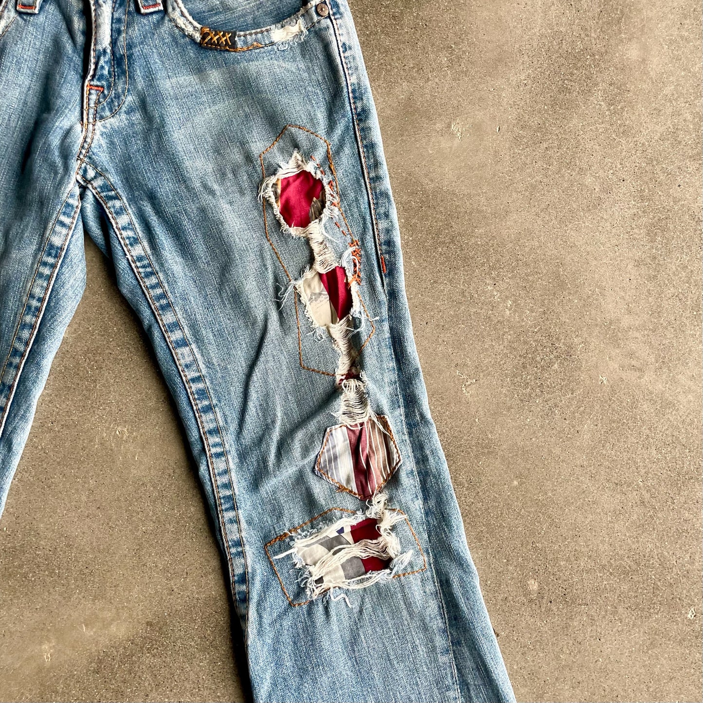 True Religion Distressed Patchwork Bootcut Denim