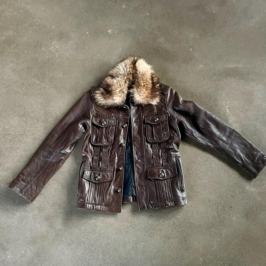 Vintage Leather Jacket with Fur Collar